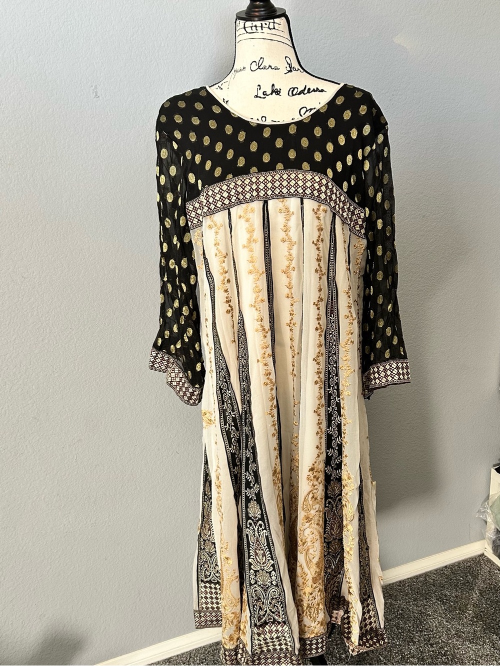 Handmade Boho Cream and Black Ivory Printed embroidered Caftan Style Maxi Dress